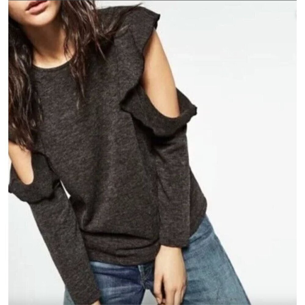 ZARA Knit Ruffle Cold Shoulder Sweater Gray Womens Size Small